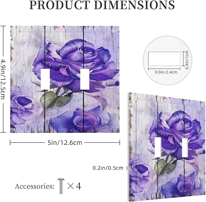 Light Switch Cover Purple Rose Flower Rustic Wood Plank 2 Gang Wall Plate Double Light Switch Plate Toggle Decorative Outlet Covers Electrical Switchplate for Farmhouse Bathroom Decor
