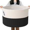 Large Storage Basket with Handle,19.7" L x 19.7" W x 13" H Blanket Basket Storage Bins for Organizing,65L Cotton Rope Woven Baskets for Living Room, Nursery ,Bedroom,White&Black