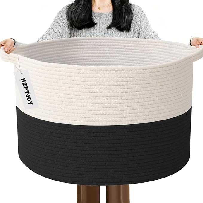Large Storage Basket with Handle,23.6" x 23.6" x 15.7" Blanket Basket Storage Bins for Organizing,65L Cotton Rope Woven Baskets for Living Room, Nursery,Bedroom,White&Black