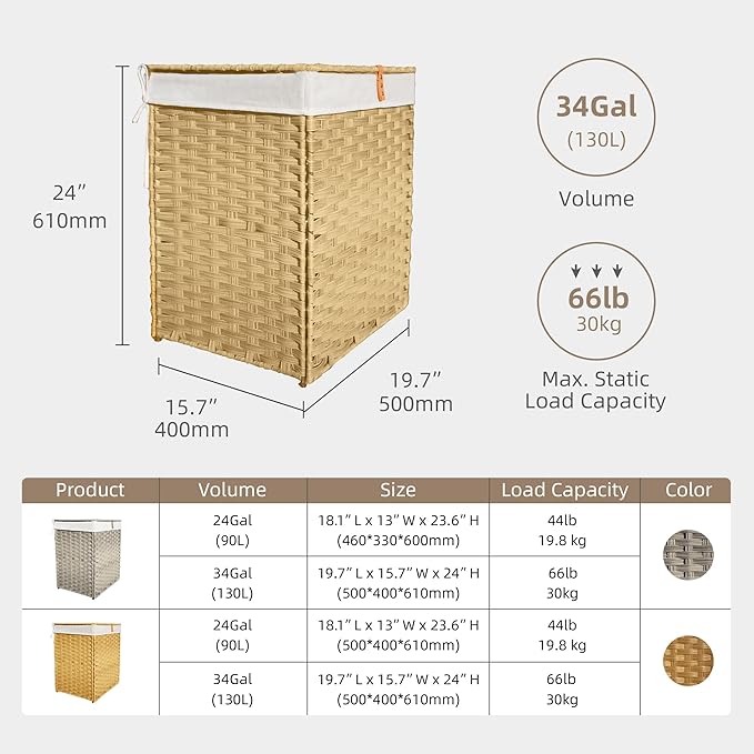 130L Foldable Outdoor Wicker Storage Basket with Lid - Patio Storage Hamper with Removable,Machine Washable 2-Compartment Liner & Handles for Clothes,Pillows,Bedding(Yellow)