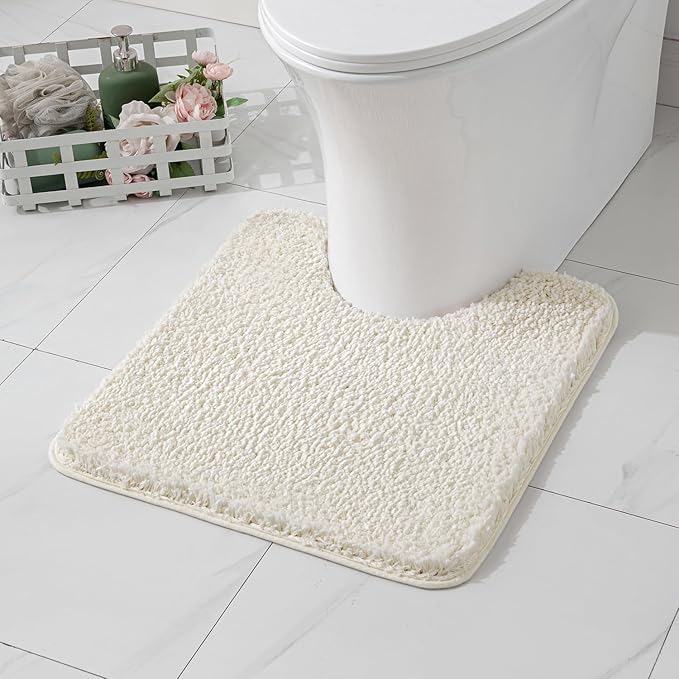 MIULEE Microfiber Toilet Bath Mat U-Shaped Contour Shaggy Bathroom Rugs Non Slip Extra Thick Soft Bath Rug Absorbent Water for Bathroom Commode Machine Washable(20x24 Inch, Ivory)