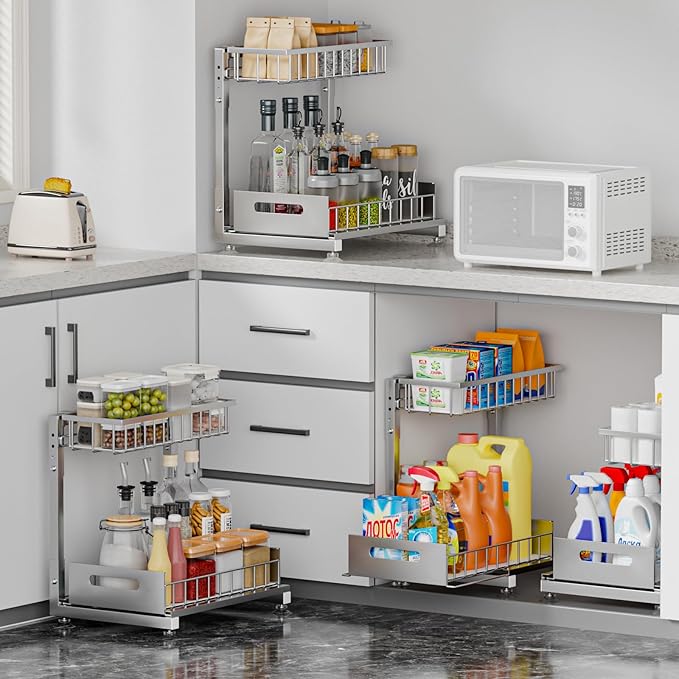 Pro Under Sink Organizer Storage: Premium Metal 2-Tier Pull-Out Wire Basket Organizer, L Shape Height Adjustable, Easy Installation | Kitchen & Bathroom Cabinet Organizers Pack 1