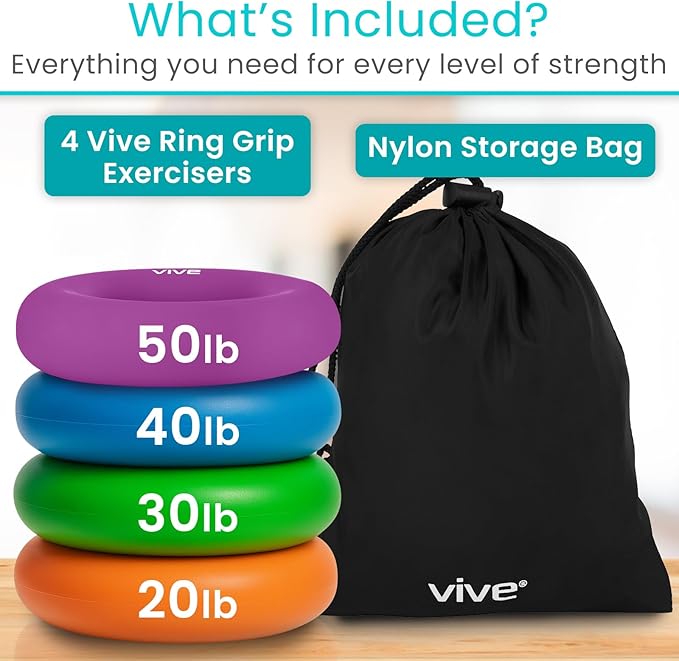 Vive Hand Strengthener Grip Ring - Forearm Ring Hand Exercisers - Silicone Squeezer Gripper for Muscle Strengthening Training Tool - Arthritis Finger Physical Therapy PT Kit Trainer