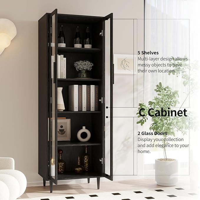 TUSY 70.9“ H Bookshelf with Glass Doors, 5-Tier Display Curio Cabinet with Drawers, Narrow Display Bookcase for Home, Office, Clinic, Pantry (Black, C)