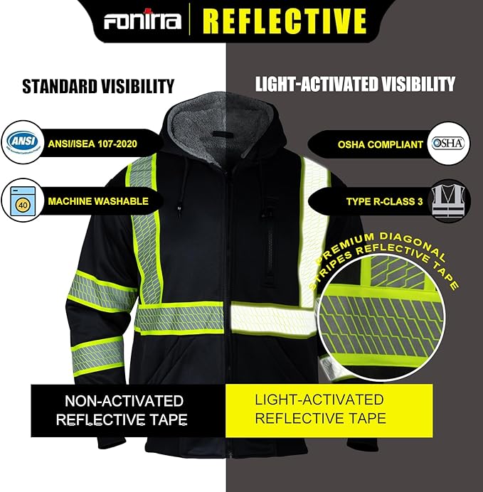 FONIRRA Men's High Visibility Safety ANSI Class 3 Lined Fleece Hoodie Sweatshirt with Black Bottom Jumper Workwear for Men(Black,4XL)