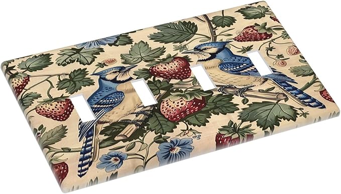 Light Switch Covers Vintage Floral Bird Strawberry Thief William Morris Quad Toggle Electrical Faceplate 4 Gang Wall Plate Decorative Switch Plates for Bedroom Home Decor