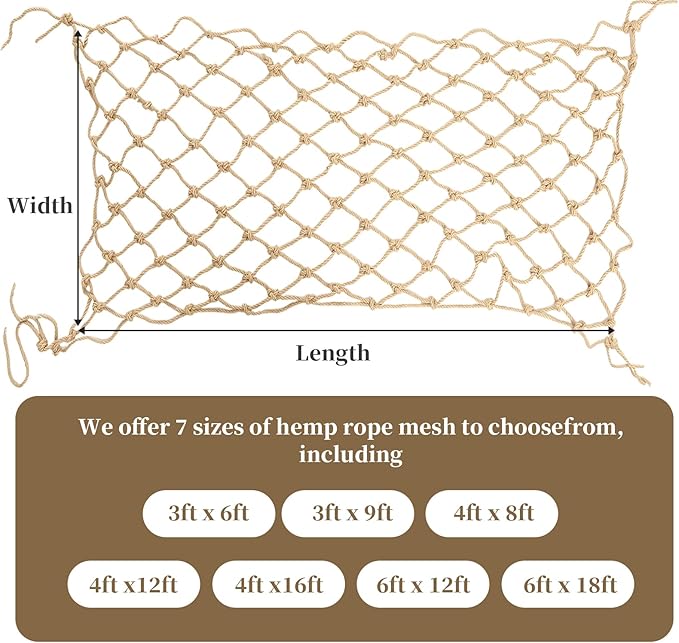 Jute Hemp Rope Net (4ftx8ft), Heavy Duty Natural Climbing Safety Rope Netting Balcony Stairs Fence Garden Playground Protection Net Indoor & Outdoor Decor Rope Net