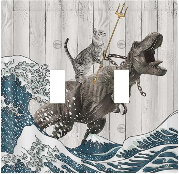 Funny Cat Cool Cat Dinosaur Japanese Sea Waves Wood Double Toggle Light Switch Covers Decorative 2 Gang Wall Plate Covers Dual Device Electrical Switchplate Faceplate for Farm Bathroom Decor