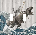 Funny Cat Cool Cat Dinosaur Japanese Sea Waves Wood Double Toggle Light Switch Covers Decorative 2 Gang Wall Plate Covers Dual Device Electrical Switchplate Faceplate for Farm Bathroom Decor