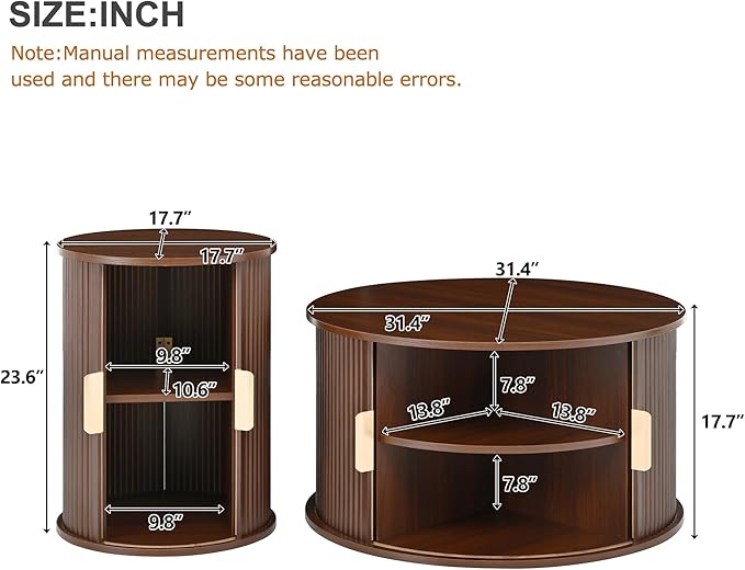Merax Round Coffee Table Set with Storage, Fluted Center Tables with Sliding Cabinet Door for Living Room, Home, Office, Small Center Table,Walnut