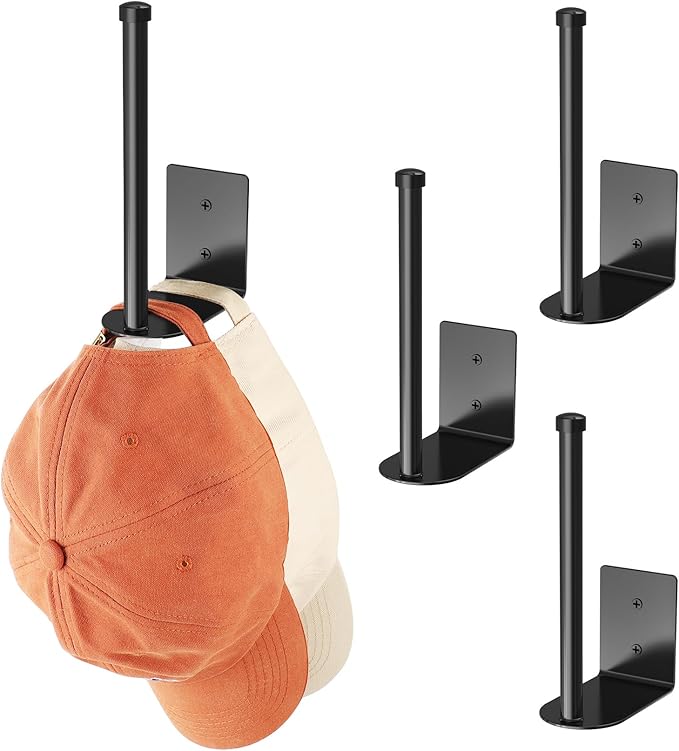 4 Pack Hat Racks for Baseball Caps, Stainless Steel Hat Organizer for Baseball Cap, Hat Holder Storage Organizer, H at Hanger Strong Adhesive/Wall Drilled for Door, Bedroom, Closet(Black 6 in)
