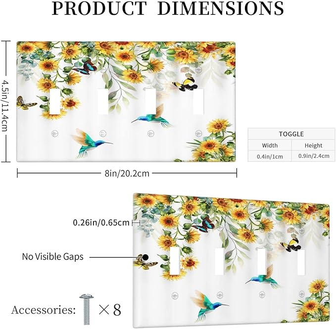 Yellow Sunflower Blue Hummingbird Butterfly Quad Toggle Light Switch Cover Decorative Rustic Farmhouse Floral Plant 4 Gang Wall Plate Cover 4 Hole Electrical Device Switchplates for Bathroom