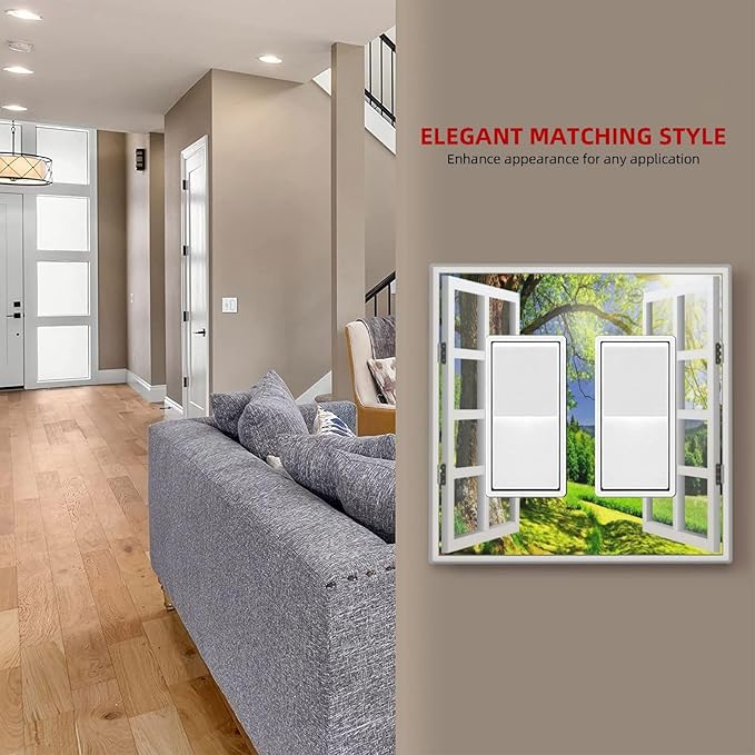 Outlet Covers Window View Green Rustic Nature Wilderness 2 Gang Wall Plate Double Rocker Light Switch Cover Decorative GFCI Receptacle Cover Electrical Switchplate for Bathroom Bedroom Decor