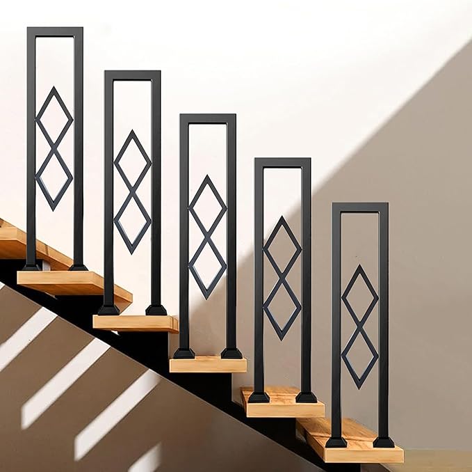 U-Shaped Stair Handrail, Black Wrought Iron Hand Rails Decorative Railing for Indoor Stairs, Porch Deck Loft Corridor Safety Non-Slip Support Poles, with Diamond Pattern (3.3FT/100CM)