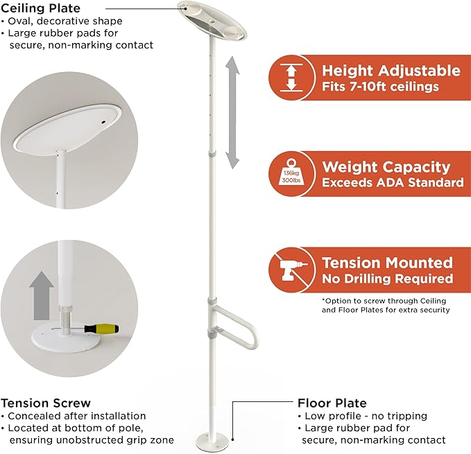HEALTHCRAFT uPole with Pivot Bar (7-10 Feet) Transfer Pole for Seniors, Floor to Ceiling Grab Bar Tension-Mounted, Toilet Safety Grab Handle for Elderly, Bedroom Support Rail (300 Lb. Capacity)