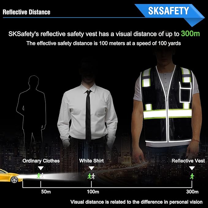 SKSAFETY 10 Pockets Safety Vest, Class 2 High Visibility Security with Zipper Double-sided mesh, Hi Vis Vest with Reflective Strips, ANSI/ISEA Standard, Construction Work Vest （Black, 2XL）