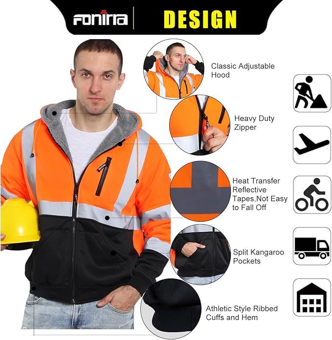 FONIRRA Men's High Visibility Safety ANSI Class 3 Lined Fleece Hoodie Sweatshirt with Black Bottom Jumper Workwear for Men(Orange,2XL)
