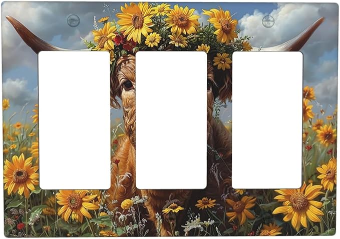 Light Switch Covers Vintage Sunflower Highland Cow Rustic Art 3 Gang Rocker Electrical GFCI Decorative Triple Outlet Wall Plate Cover Switchplate for Bedroom Farmhouse Decor