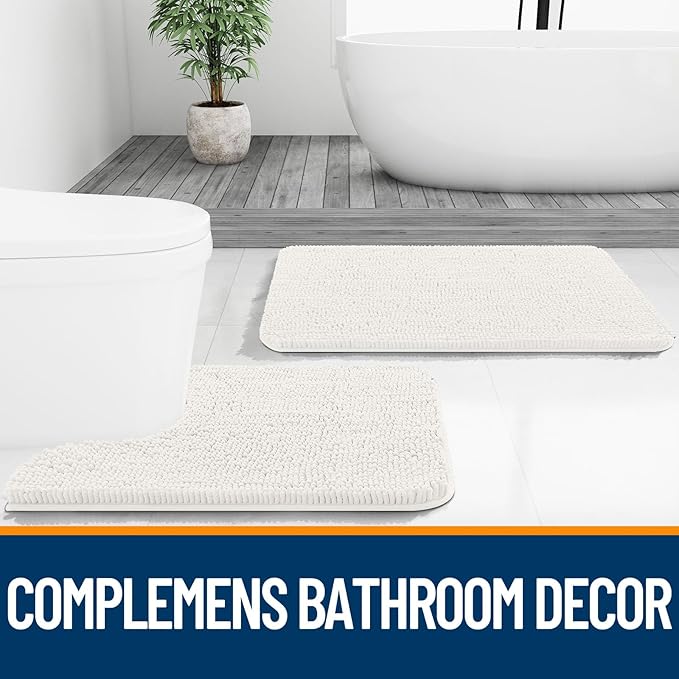 OLANLY Bathroom Rugs Sets 2 Piece, Soft Absorbent Chenille Bath Mats and U-Shaped Contour Toilet Mat Area Rug Set, Machine Washable Bath Carpet, Home Decor Accessories(30"x20"+24"x20", Ivory)