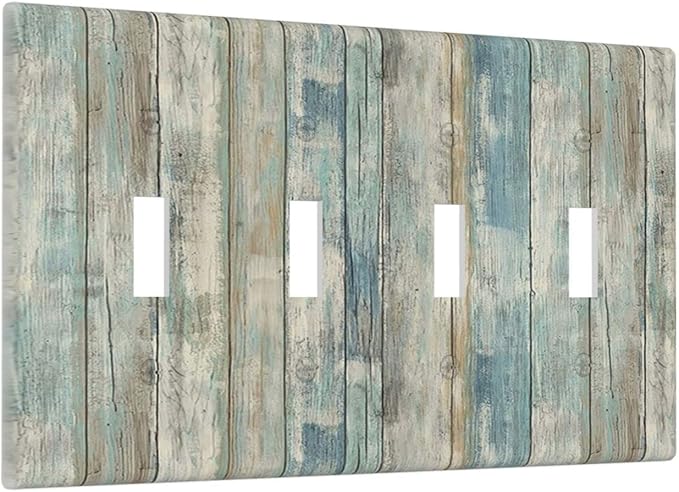 Tea Vintage Wood Plank Distressed Grain Rustic Shiplap Board Quad Toggle Light Switch Covers Decorative 4 Gang Wall Plates Cover 4 Hole Electrical Device Switchplates for Farmhouse Bathroom
