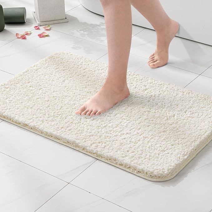 MIULEE Extra Thick Non Slip Bathroom Rug Shaggy Soft Bath Mat Plush Microfiber Absorbent Water for Shower Tub Machine Washable (Ivory, 24x44 Inches)