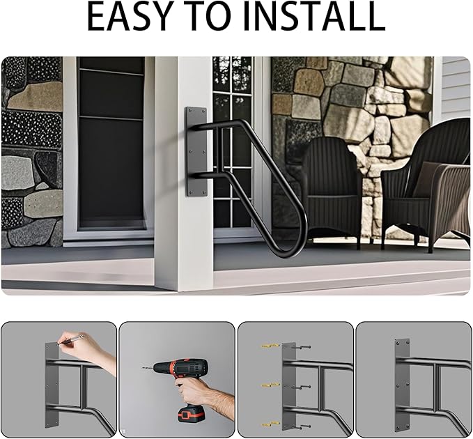 Handrails for Outdoor Steps, U-Shaped Stair Railing Indoor,1-3 Step Porch&Deck Railing, Wall Mount Outdoor Hand Rail,Grab Bars Elderly,Safety Handrails for Kids, Pregnant Women, Disabled