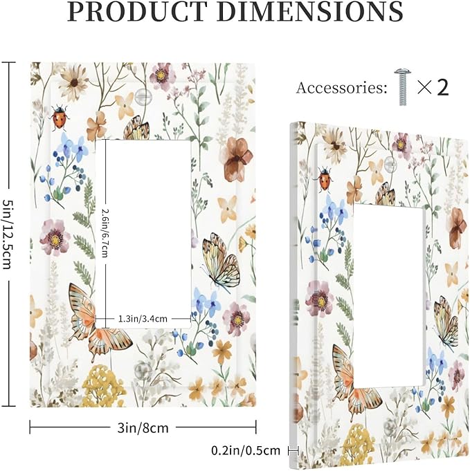 Boho Multicolor Flower Butterfly Insect Floral Decorative Outlet Covers 1 Gang Single Rocker Light Switch Cover Plate Wall Plates GFCI Faceplate for Bedroom Living Room Decor