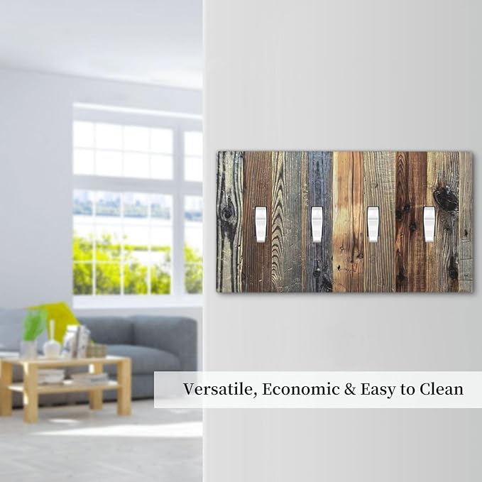 Barn Brown Wood Rustic Weathered Wood Print Light Switch Covers Quad Toggle Electrical Faceplate 4 Gang Wall Plate Decorative Switch Plates for Farmhouse Home Decor