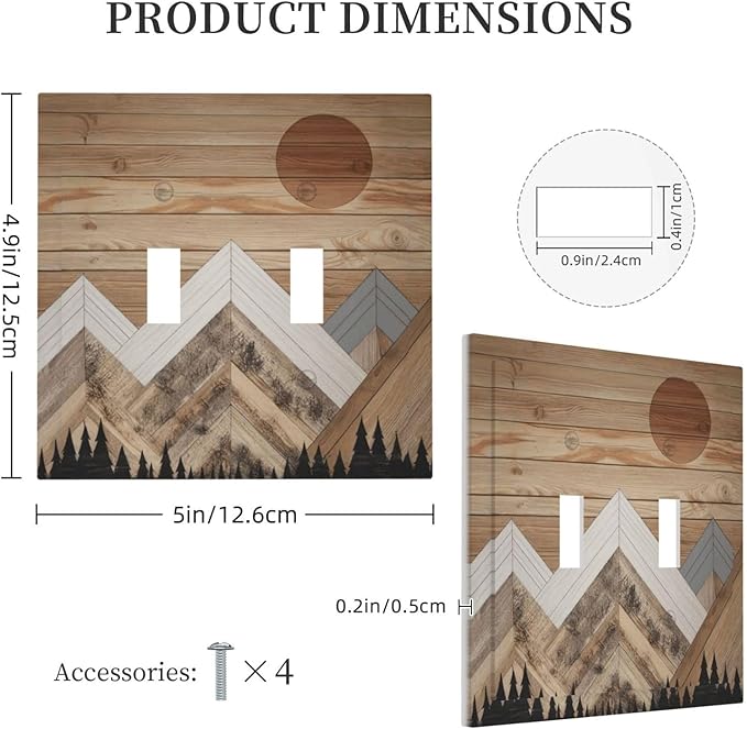 Wooden Planks Mosaic Snow Mountain Sun Decorative Switch Plates 2 Gang Double Toggle Outlet Light Switch Cover Wall Plate Electrical Faceplate for Farmhouse Home Decor
