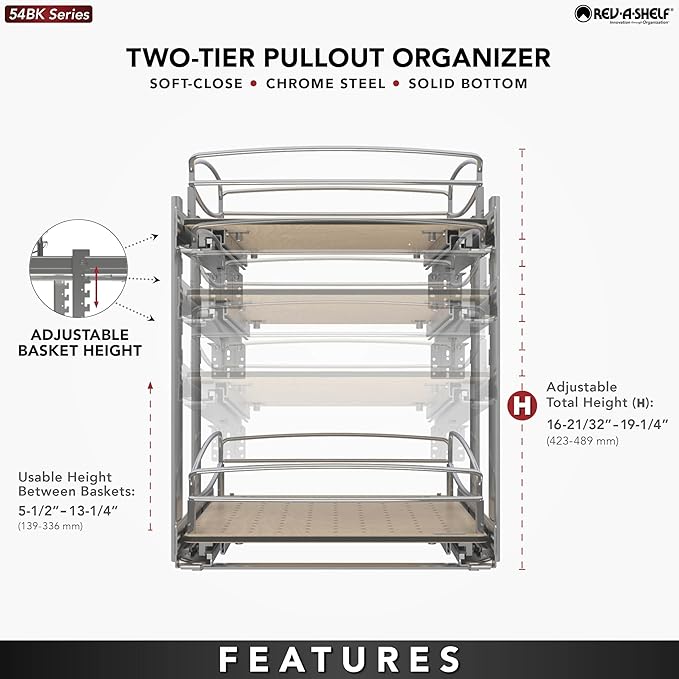 Rev-A-Shelf 2 Tier Pull Out Kitchen Cabinet Storage Organizer with Solid Bottom & Undermount Soft-Close Full Extension Slides, 54BK-15SC-2-1