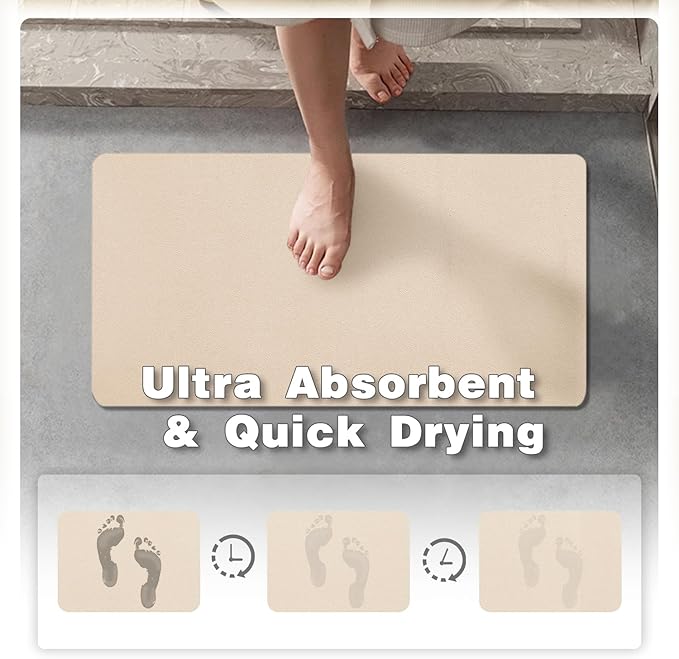 Bathroom Mat Quick Dry, Bathroom Rugs Non Slip Washable Thin Absorbent Bath Mat Fits Under Door Bathroom Floor Mat Perfect for Bath, Shower, or Sink 24"x70" Beige