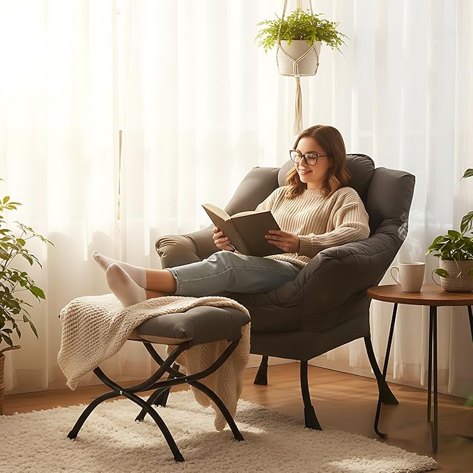 Lazy Chair with Folding Ottoman, Modern Accent Lounge Armchair with Armrests and a Side Pocket & Foldable Footstool, Leisure Reading Chair for Living Room, Bedroom, Dorm & Office, Dark Grey