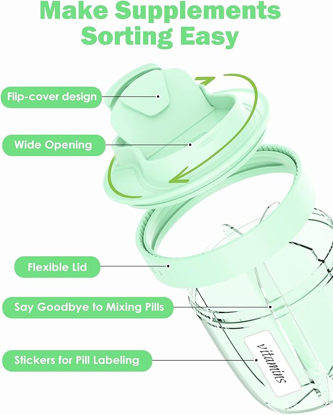Cute Pill Organizer,Pill Dispenser with 7 Large Compartments,Portable Pill Bottle Box with Wide Opening for Easy Use, Anti-Mix Pills Organizer for Travel,Includes 20 Pcs Sticky Labels（Green）