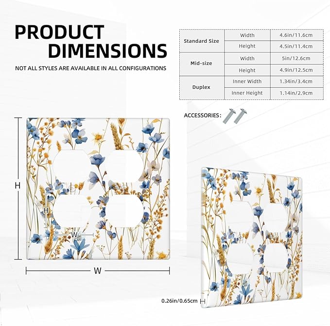 Vintage Wildflower Blue Gold Country Fall Wheat Floral Outlet Covers 2 Gang Double Duplex Decorative Light Switch Covers Electrical Wallplates Socket Faceplate for Bedroom Living Room Decor