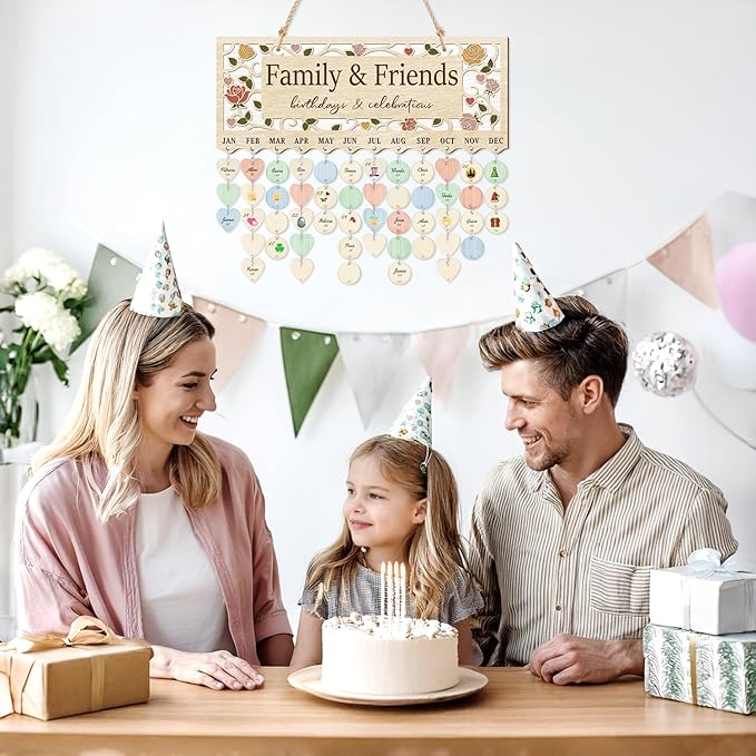 CHDITB Wooden 3D Family Friends Birthday Calendar Wall Hanging(16"x6"), Boho Flowers Botanical Birthday Celebrations Reminder Tracker with Tags, Custom DIY Mother Gifts for Grandma