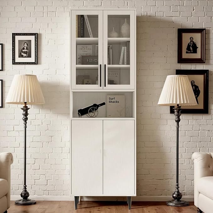 TUSY 70.9“ H Bookshelf with Glass Doors, 5-Tier Display Curio Cabinet with Drawers, Narrow Display Bookcase for Home, Office, Clinic, Pantry (White, A)
