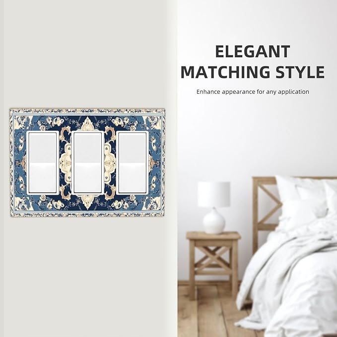 Decorative Outlet Covers Boho Beige Navy Blue Medallion 3 Gang Gfci Wall Plate Triple Rocker Light Switch Cover Plate Switch Plate Covers for Country Bathroom Bedroom Decor