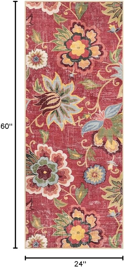 Beeiva Washable Laundry Room Rug Runner, 2x5 Red Ultra Thin Floral Kitchen Rugs Non Slip Washable, Vintage Small Bedside Christmas Rug Runner Lightweight Indoor Carpet for Entryway Bedroom