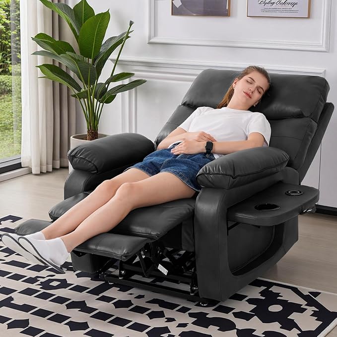 Dual Motor Power Lift Recliner Chair for Adult & Elderly, Infinite Position Lay Flat Lift Chair with Heat & Massage, Cup Holder, Lumbar Pillow, Wireless Charger, USB Ports, Leather (Silver Grey)