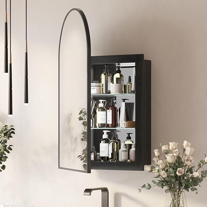 Recessed Medicine Cabinet Mirror for Bathroom,Black Arched Medicine Cabinet with Mirror,Arch Bathroom Mirror with Storage,Surface Mount Wall Cabinet,16x26 Mirrored Cabinets Wall Mounted