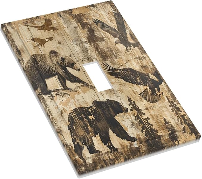 Decorative Light Switch Cover Vintage Cabin Wildlife Animal Bear Eagle Forest 1 Gang Single Toggle Device Electrical Faceplate Switchplates Decorator Outlet Wall Plate for Farmhouse Bedroom