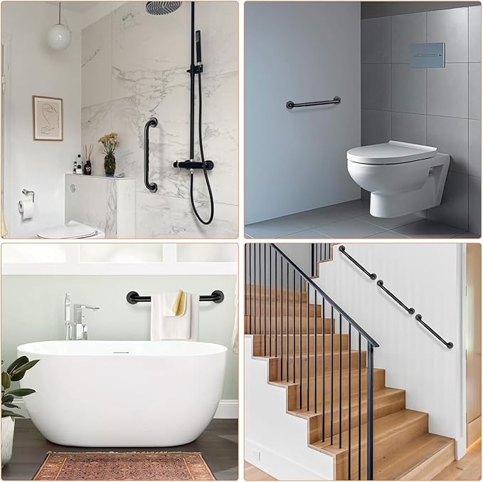 2 Pack 16 Inch Black Shower Grab Bar w/Anti Slip Rubber Grip,ZUEXT Stainless Steel Bath Grab Bar,Bathroom Balance Bar,Wall Mount Safety Handrail Support,Handicap Injury Elderly Senior Assist Handle