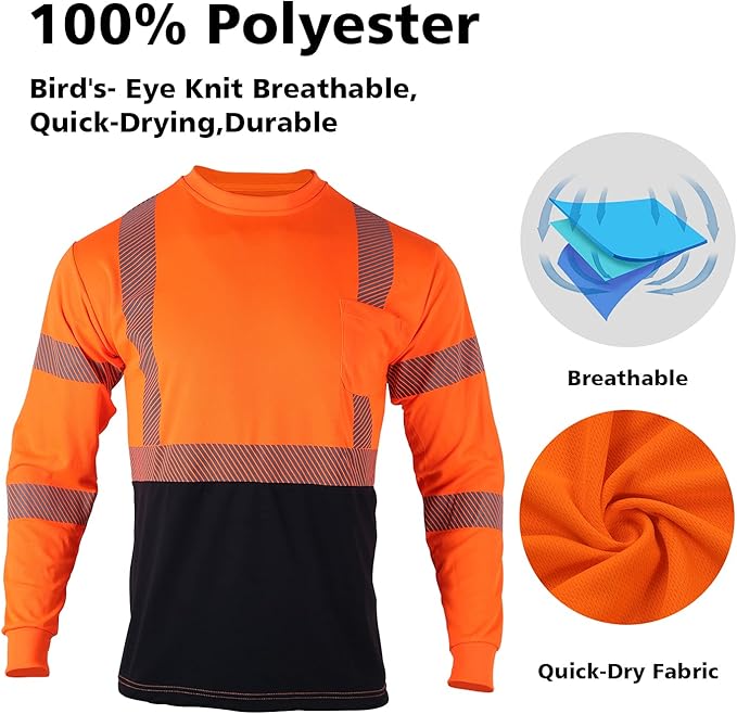 VENDACE Safety Reflective High Visibility Long Sleeve Shirts ANSI Class 3 Hi Vis Construction Work T Shirts for Men