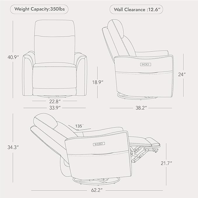 Watson & Whitely Power Recliner Chairs for Adults, Swivel Rocker Recliner Chair with Charging Ports for Living Room, Faux Leather RC011 (Cream)