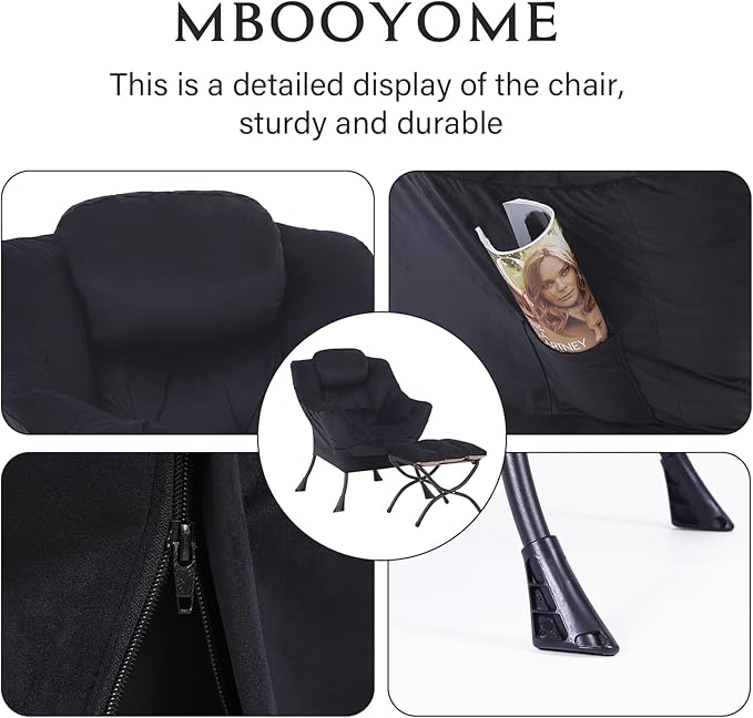 Lazy Chair with Folding Ottoman, Modern Accent Lounge Armchair with Armrests, a Side Pocket & Foldable Footstool, Leisure Reading Chair for Living Room, Bedroom, Dorm & Office, Velvet Black