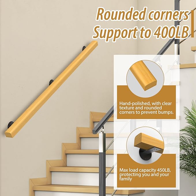 3FT Wooden Stair Handrails,Hand Railings for Stairs Indoor Outdoor Wall Mount Support Wood Handrails,Non-Slip Sturdy Staircase Handrail Safety Grab Bar Rod Complete Kit for Home,Lofts,Guardrail