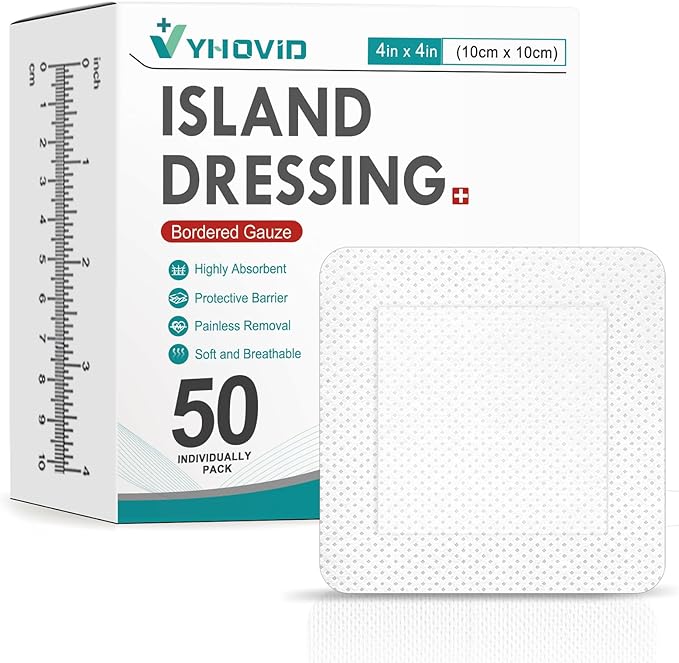 50 Count Island Dressing Bordered Gauze 4" x 4", Gauze Pads Individually Wrapped, Non-Stick Pad in Center with Adhesive Border, Bandages for Wounds, First Aid