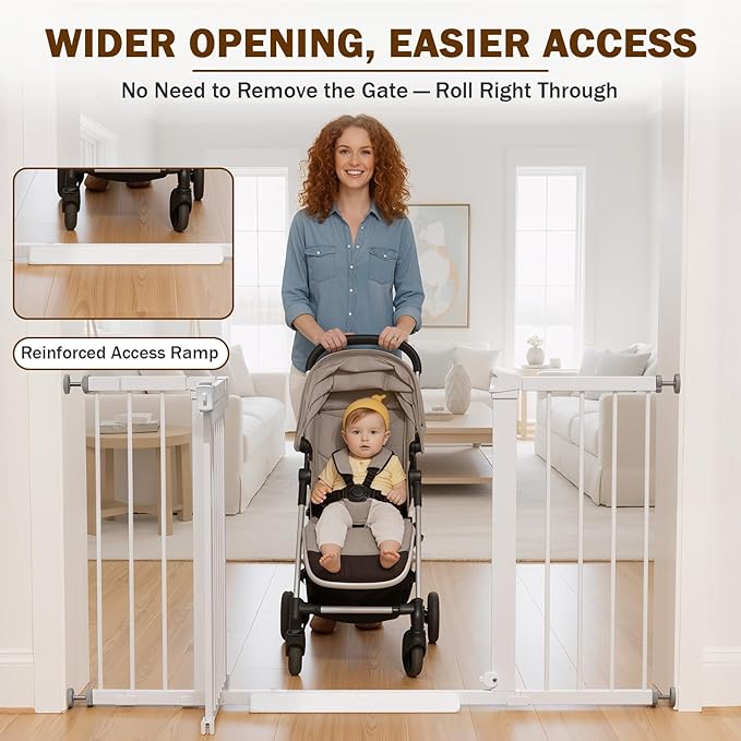 Mumeasy 29.7–51 Inch Extra Wide Baby Gate for Stairs, Extra Long Indoor Dog Gate for Doorways, Pressure Mounted Walk Thru Child Gate with Auto-Close, No-Drill Safety Pet Gate with Door for House,White