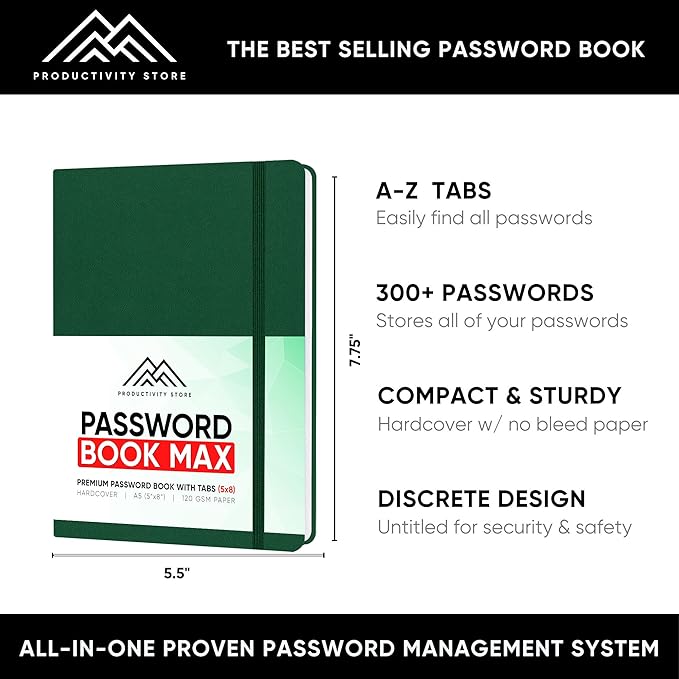 PRODUCTIVITY STORE Best Password Book with Alphabetical Tabs | Password Book, Organizer & Notebook | Password Keeper to Keep Website Logins & Passwords Safe | Green | Medium 5x8