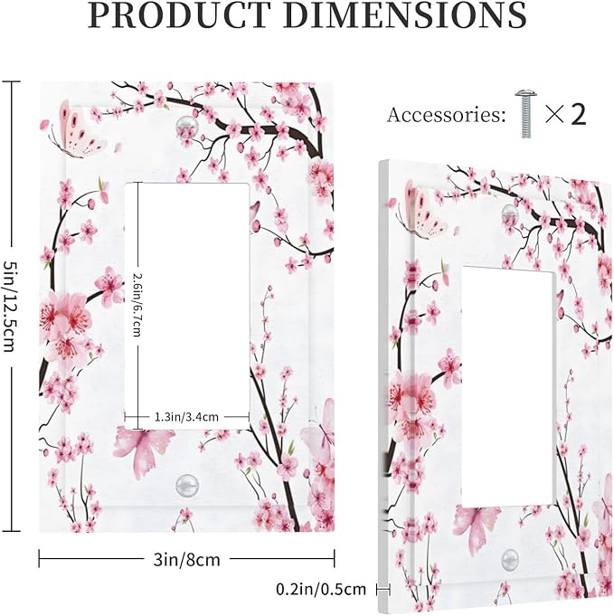 Cherry Floral Watercolor Pink Flowers Butterfly Decorative Outlet Covers 1 Gang Single Rocker Light Switch Cover Plate Wall Plates GFCI Faceplate for Bed Room Living Room Decor
